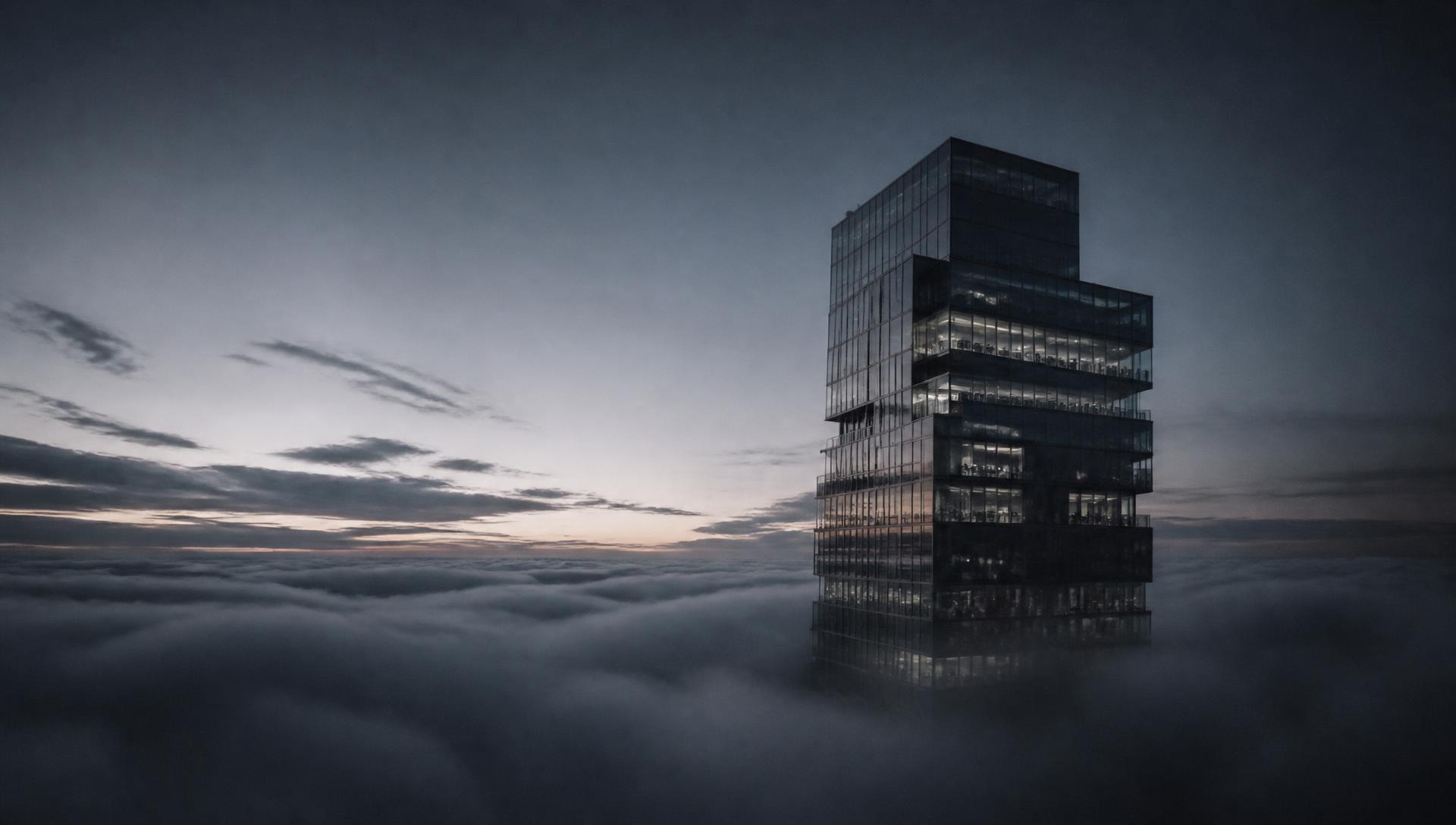 Architectural tower rising above low cloud at dusk
